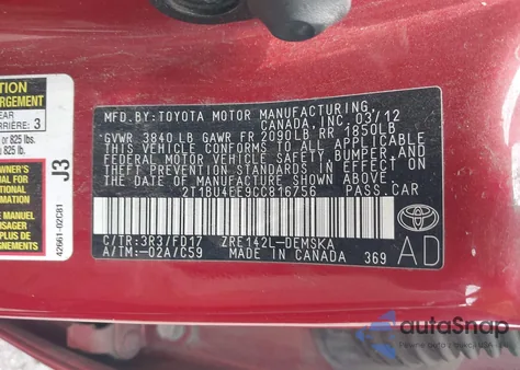 2012 Toyota Corolla S z USA, uszkodzony, nr VIN 2T1BU4EE9CC816756